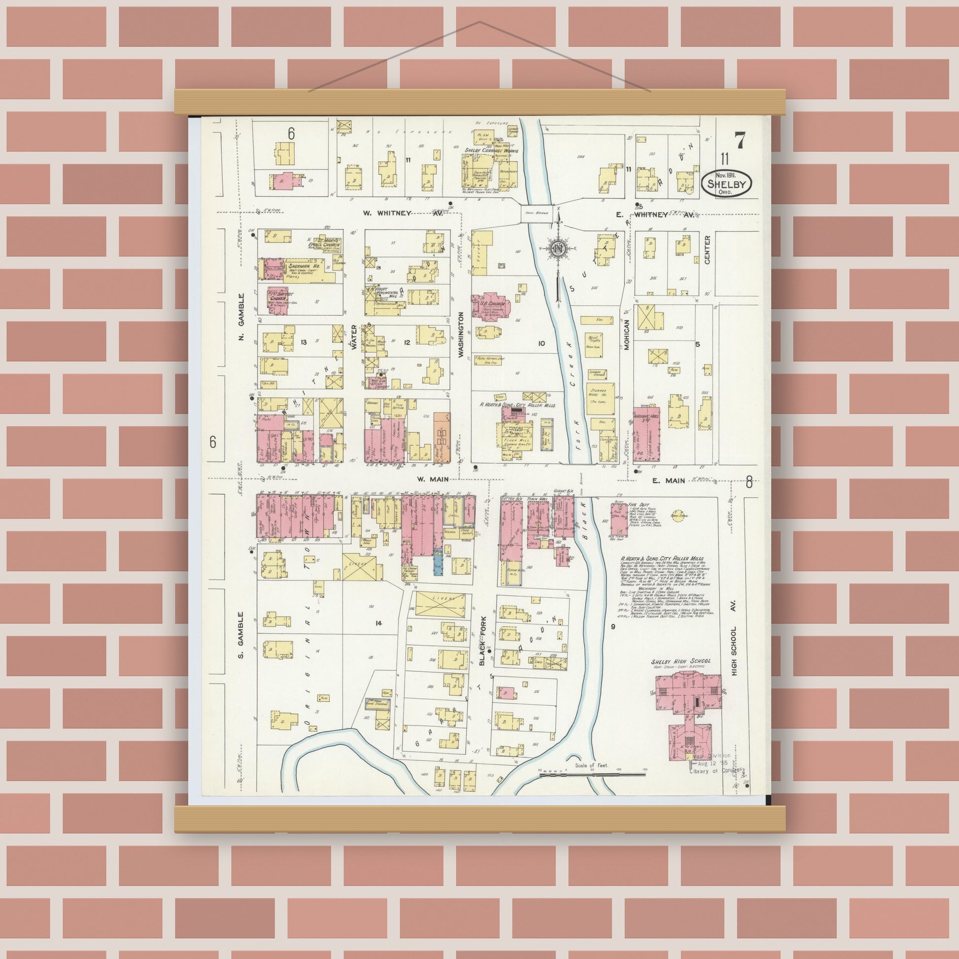 Old map wall art mockup — magnetic wood frame on brick wall — Sanborn Fire Insurance Map from Shelby, Richland County, Ohio (1911), Sheet #0007