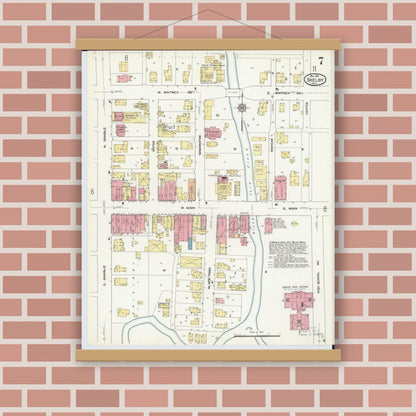 Old map wall art mockup — magnetic wood frame on brick wall — Sanborn Fire Insurance Map from Shelby, Richland County, Ohio (1911), Sheet #0007