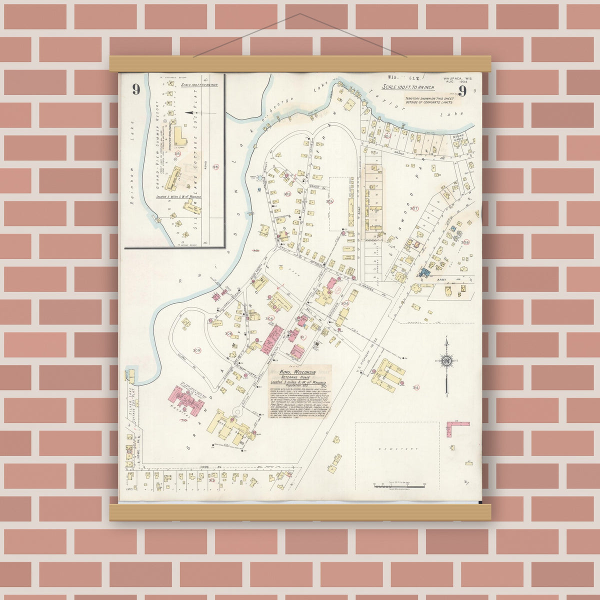 Old map wall art mockup — magnetic wood frame on brick wall — Sanborn Fire Insurance Map from Waupaca, Waupaca County, Wisconsin (1941), Sheet #0009