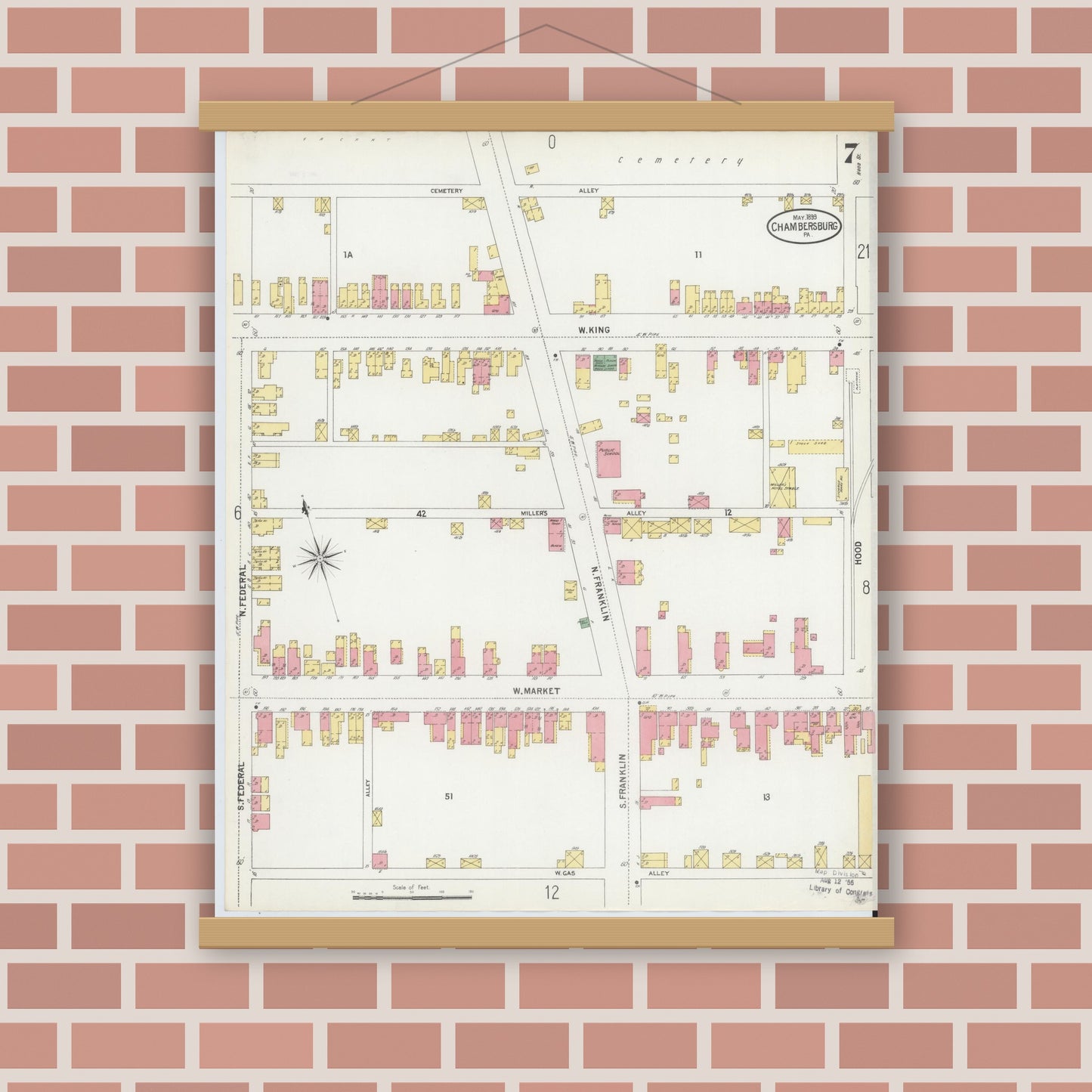 Old map wall art mockup — magnetic wood frame on brick wall — Sanborn Fire Insurance Map from Chambersburg, Franklin County, Pennsylvania (1899), Sheet #0007