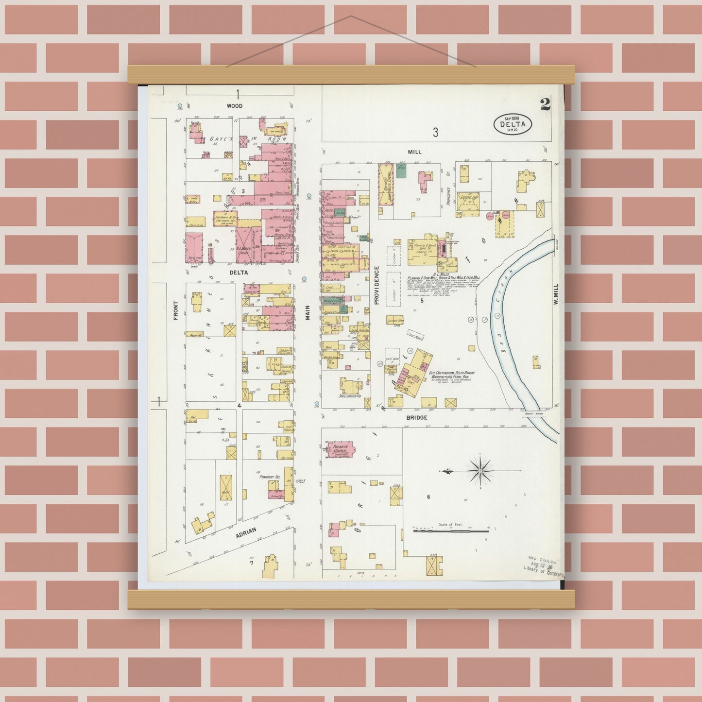 Old map wall art mockup — magnetic wood frame on brick wall — Sanborn Fire Insurance Map from Delta, Fulton County, Ohio (1899), Sheet #0002