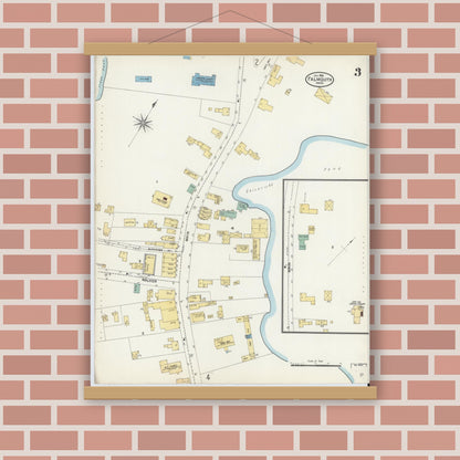 Old map wall art mockup — magnetic wood frame on brick wall — Sanborn Fire Insurance Map from Falmouth, Barnstable County, Massachusetts (1906), Sheet #0003