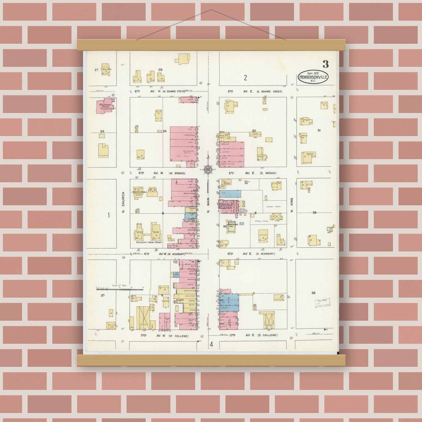 Old map wall art mockup — magnetic wood frame on brick wall — Sanborn Fire Insurance Map from Hendersonville, Henderson County, North Carolina (1912), Sheet #0003