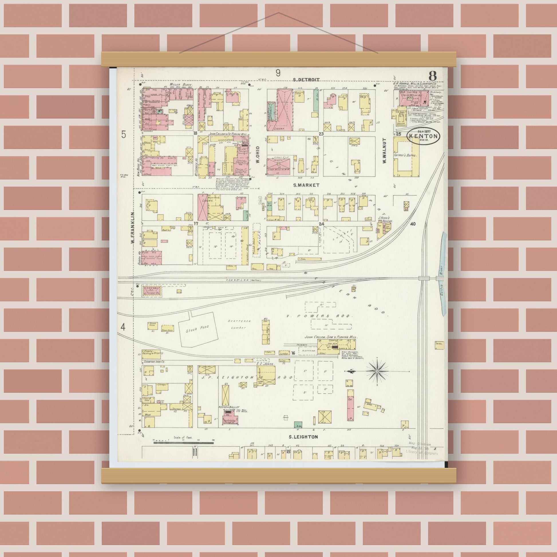 Old map wall art mockup — magnetic wood frame on brick wall — Sanborn Fire Insurance Map from Kenton, Hardin County, Ohio (1897), Sheet #0008