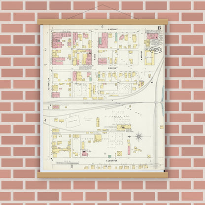 Old map wall art mockup — magnetic wood frame on brick wall — Sanborn Fire Insurance Map from Kenton, Hardin County, Ohio (1897), Sheet #0008