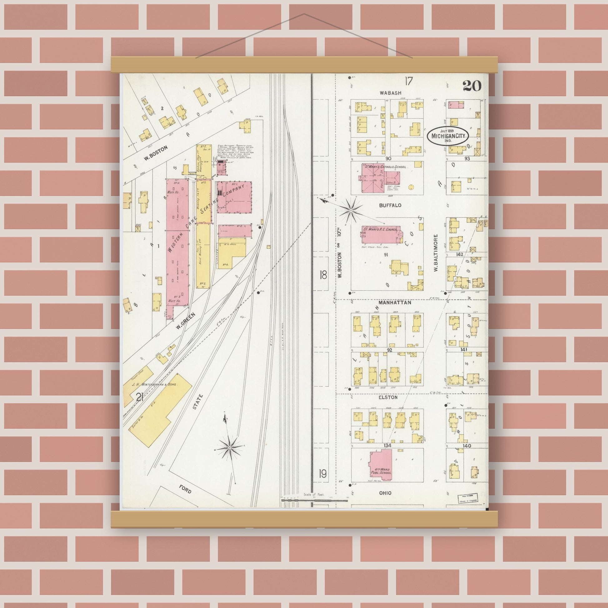 Old map wall art mockup — magnetic wood frame on brick wall — Sanborn Fire Insurance Map from Michigan City, La Porte County, Indiana (1899), Sheet #0020