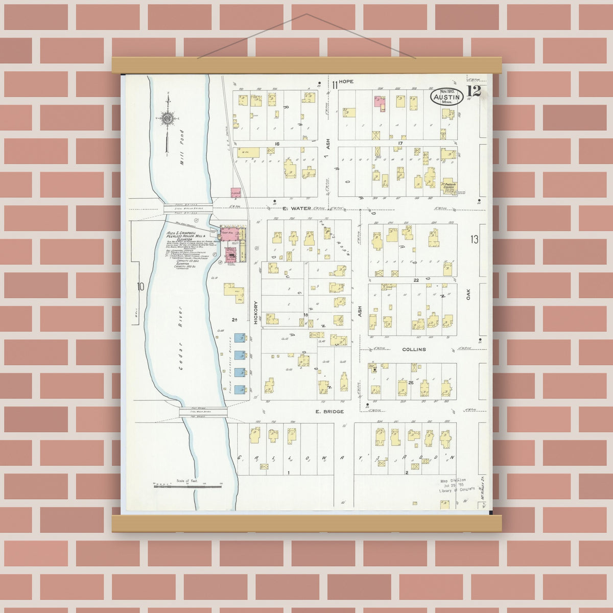 Old map wall art mockup — magnetic wood frame on brick wall — Sanborn Fire Insurance Map from Austin, Mower County, Minnesota (1910), Sheet #0012