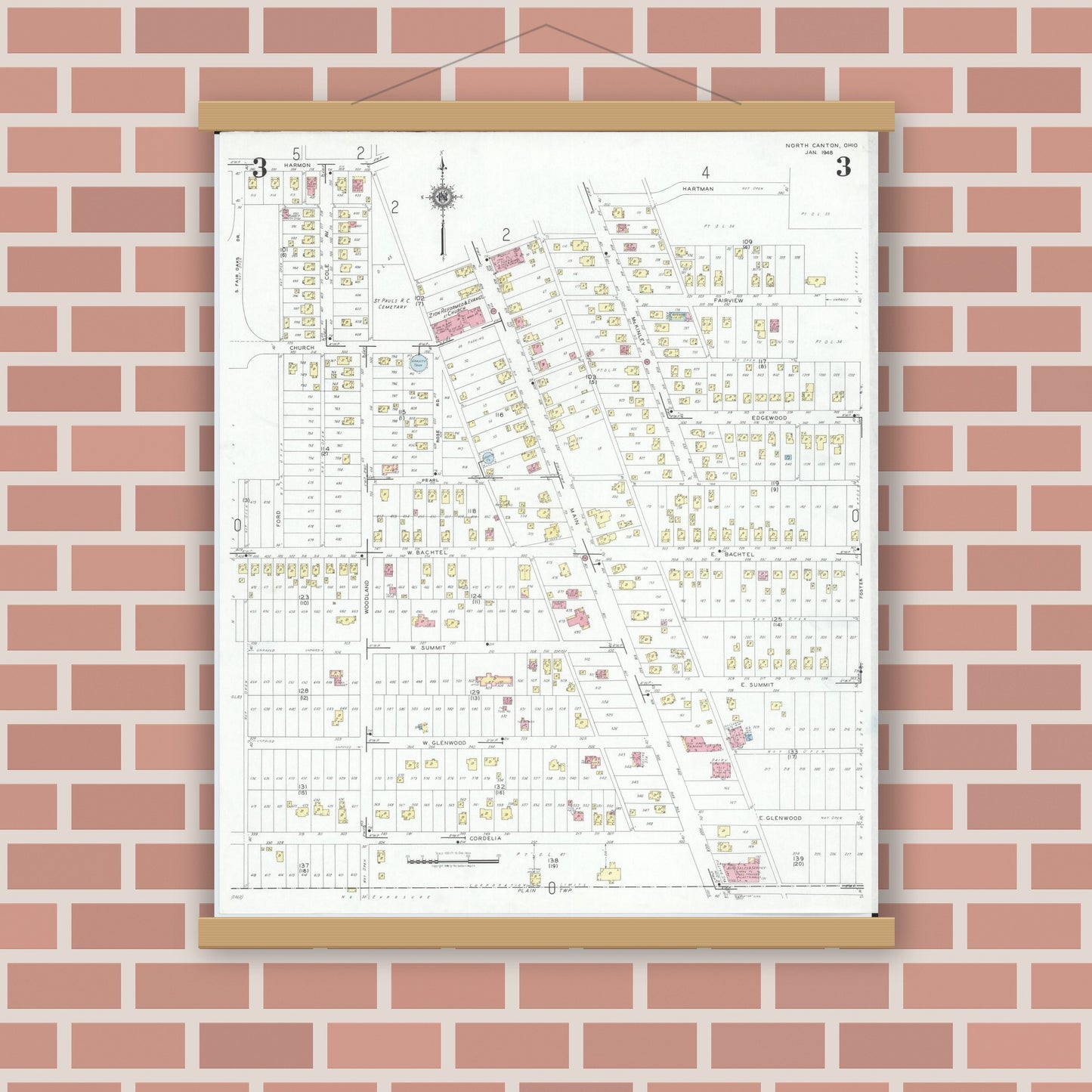 Old map wall art mockup — magnetic wood frame on brick wall — Sanborn Fire Insurance Map from North Canton, Stark County, Ohio (1948), Sheet #0003