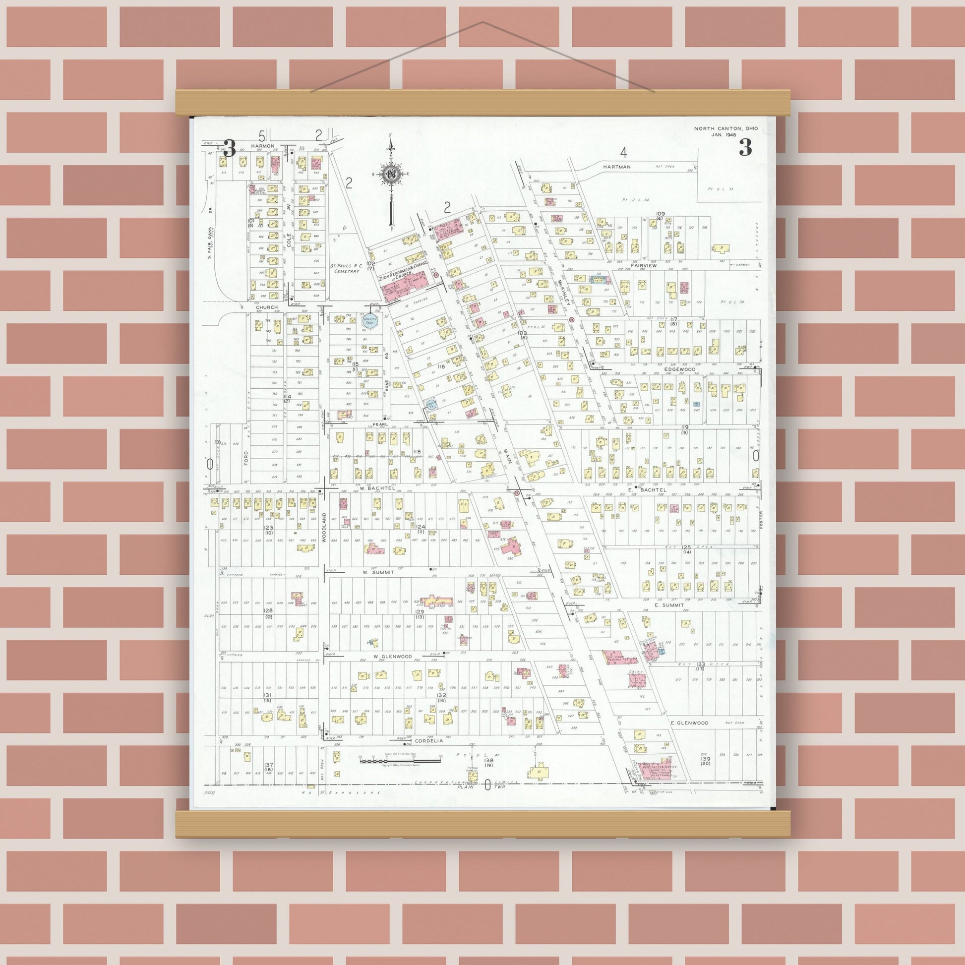 Old map wall art mockup — magnetic wood frame on brick wall — Sanborn Fire Insurance Map from North Canton, Stark County, Ohio (1948), Sheet #0003