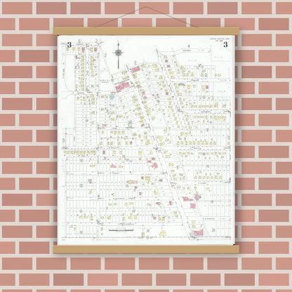 Old map wall art mockup — magnetic wood frame on brick wall — Sanborn Fire Insurance Map from North Canton, Stark County, Ohio (1948), Sheet #0003