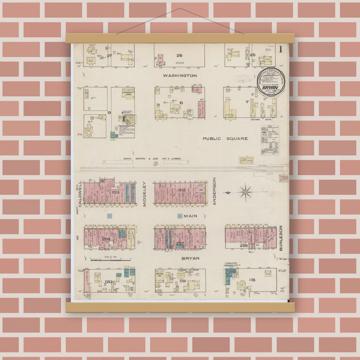 Old map wall art mockup — magnetic wood frame on brick wall — Sanborn Fire Insurance Map from Bryan, Brazos County, Texas (1885) - Complete Map Set