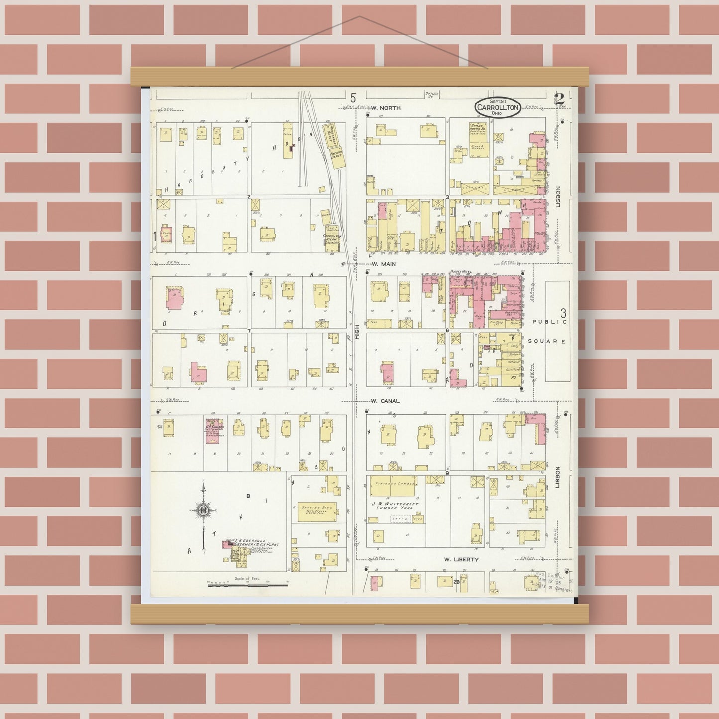 Old map wall art mockup — magnetic wood frame on brick wall — Sanborn Fire Insurance Map from Carrollton, Carroll County, Ohio (1911), Sheet #0002