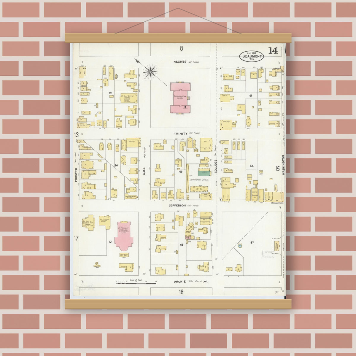 Old map wall art mockup — magnetic wood frame on brick wall — Sanborn Fire Insurance Map from Beaumont, Jefferson County, Texas (1904), Sheet #0014