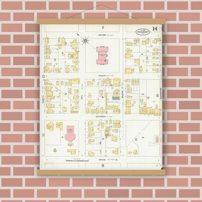 Old map wall art mockup — magnetic wood frame on brick wall — Sanborn Fire Insurance Map from Beaumont, Jefferson County, Texas (1904), Sheet #0014