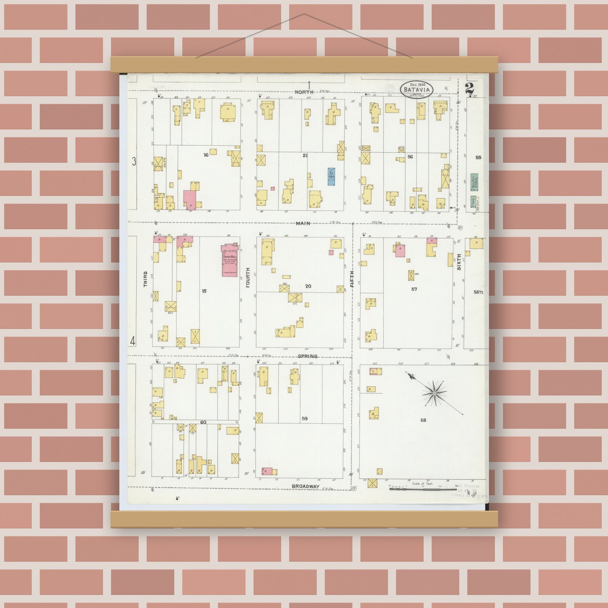 Old map wall art mockup — magnetic wood frame on brick wall — Sanborn Fire Insurance Map from Batavia, Clermont County, Ohio (1904), Sheet #0002