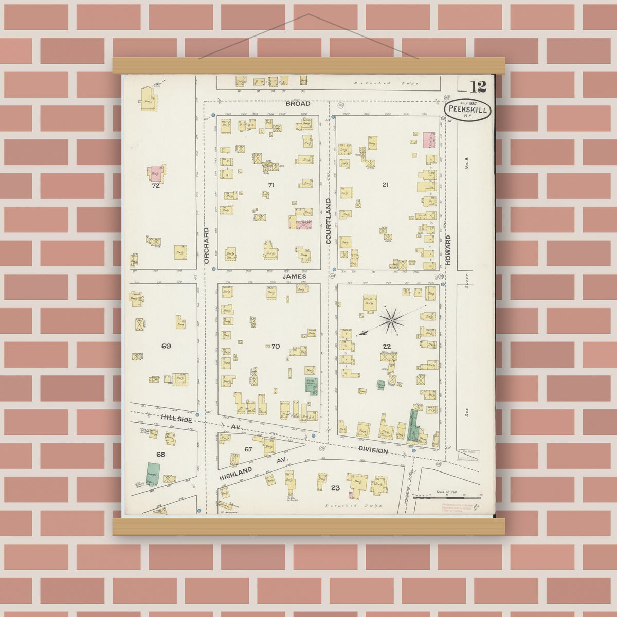 Old map wall art mockup — magnetic wood frame on brick wall — Sanborn Fire Insurance Map from Peekskill, Westchester County, New York (1887), Sheet #0012