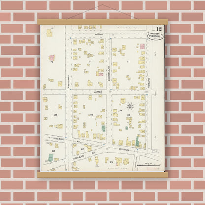 Old map wall art mockup — magnetic wood frame on brick wall — Sanborn Fire Insurance Map from Peekskill, Westchester County, New York (1887), Sheet #0012