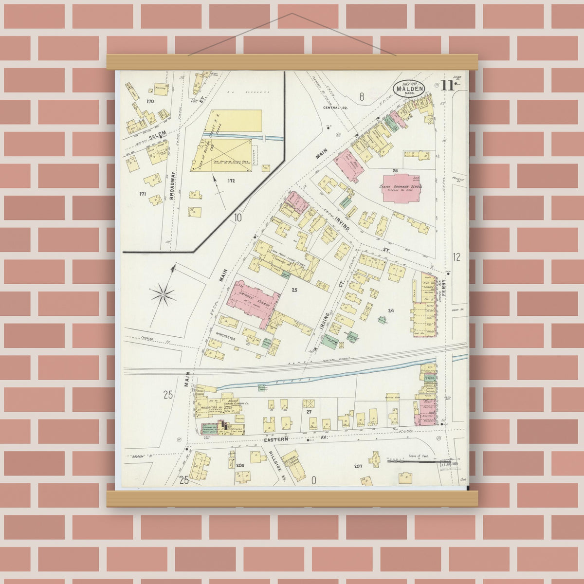 Old map wall art mockup — magnetic wood frame on brick wall — Sanborn Fire Insurance Map from Malden, Middlesex County, Massachusetts (1897), Sheet #0011