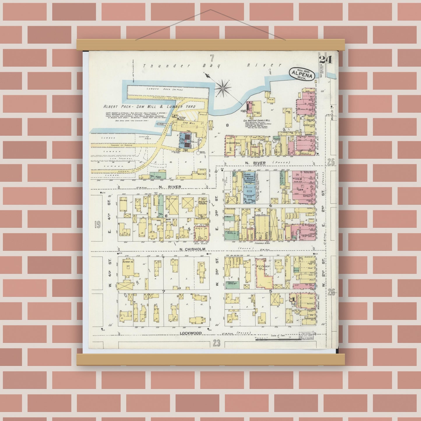 Old map wall art mockup — magnetic wood frame on brick wall — Sanborn Fire Insurance Map from Alpena, Alpena County, Michigan (1895), Sheet #0024