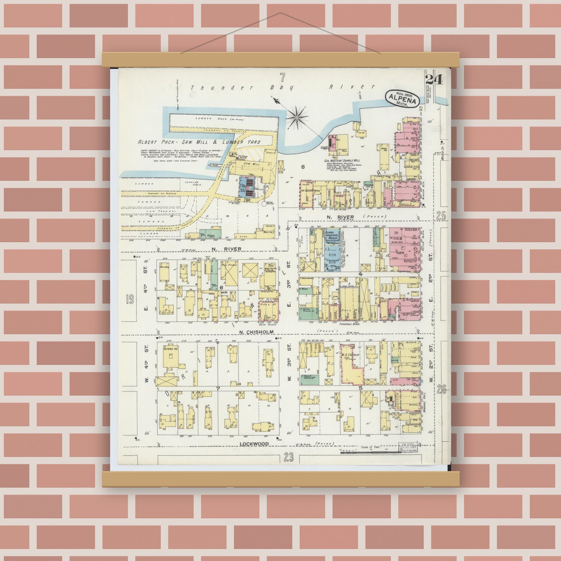 Old map wall art mockup — magnetic wood frame on brick wall — Sanborn Fire Insurance Map from Alpena, Alpena County, Michigan (1895), Sheet #0024