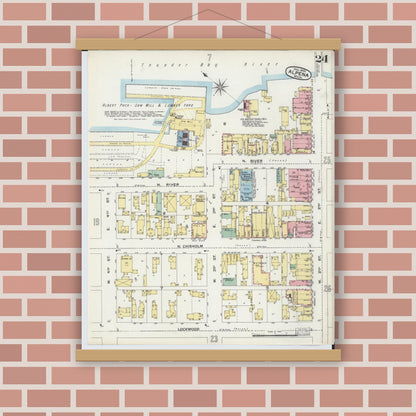 Old map wall art mockup — magnetic wood frame on brick wall — Sanborn Fire Insurance Map from Alpena, Alpena County, Michigan (1895), Sheet #0024
