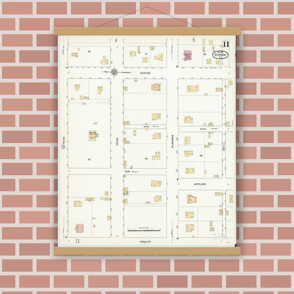 Old map wall art mockup — magnetic wood frame on brick wall — Sanborn Fire Insurance Map from Vernon, Wilbarger County, Texas (1912), Sheet #0011