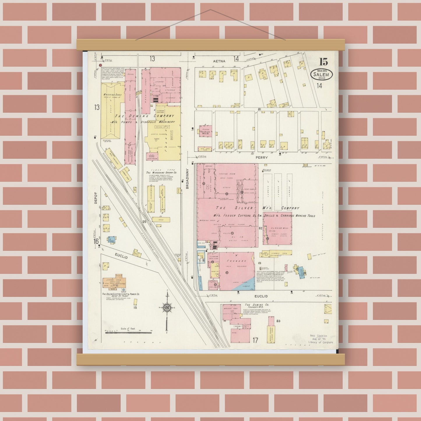 Old map wall art mockup — magnetic wood frame on brick wall — Sanborn Fire Insurance Map from Salem, Columbiana County, Ohio (1915), Sheet #0015