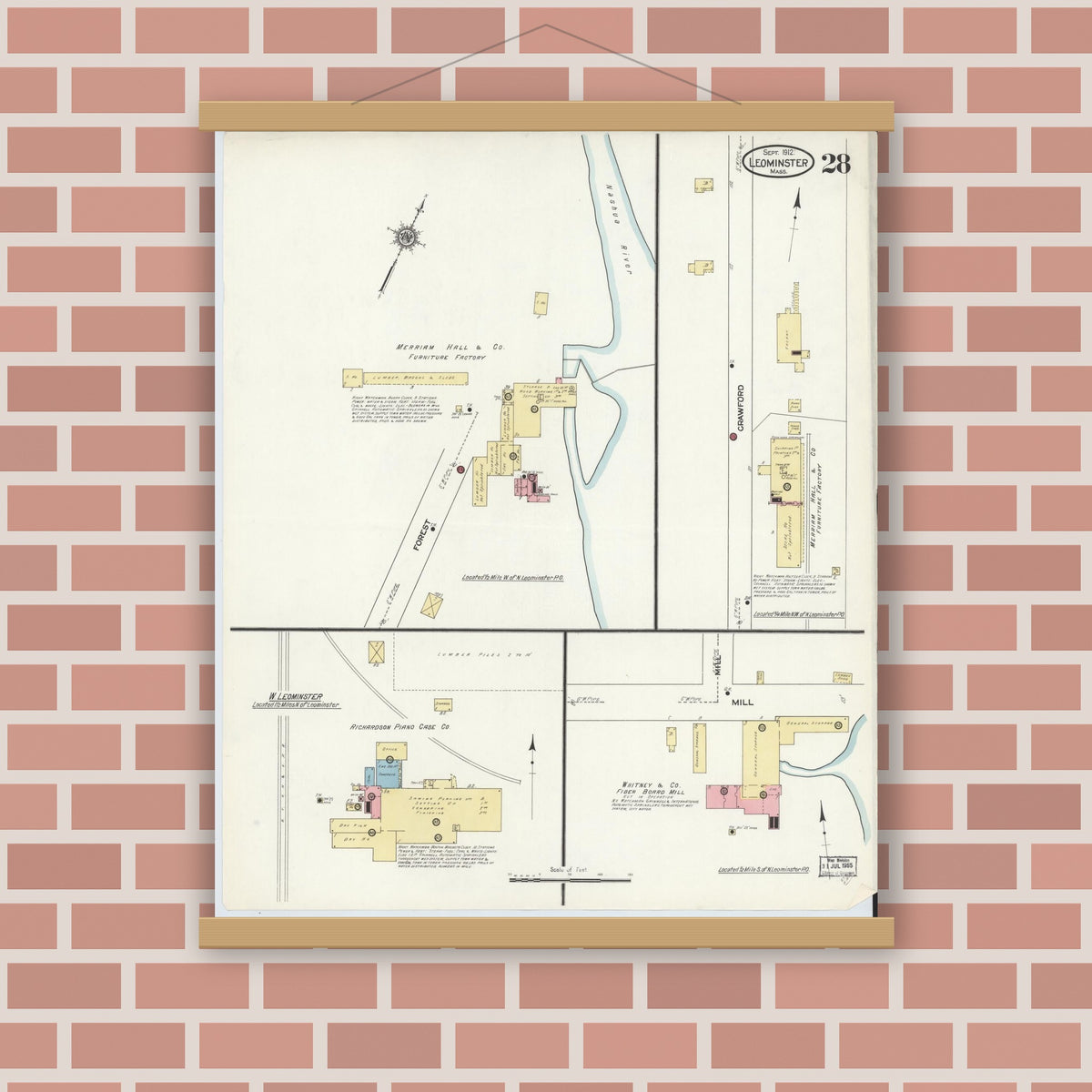 Old map wall art mockup — magnetic wood frame on brick wall — Sanborn Fire Insurance Map from Leominster, Worcester County, Massachusetts (1912), Sheet #0029