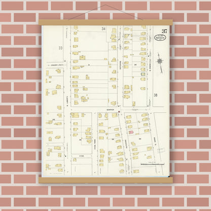 Old map wall art mockup — magnetic wood frame on brick wall — Sanborn Fire Insurance Map from Batavia, Genesee County, New York (1912), Sheet #0037