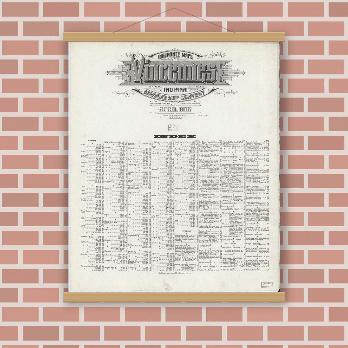 Old map wall art mockup — magnetic wood frame on brick wall — Sanborn Fire Insurance Map from Vincennes, Knox County, Indiana (1916), Sheet #0001
