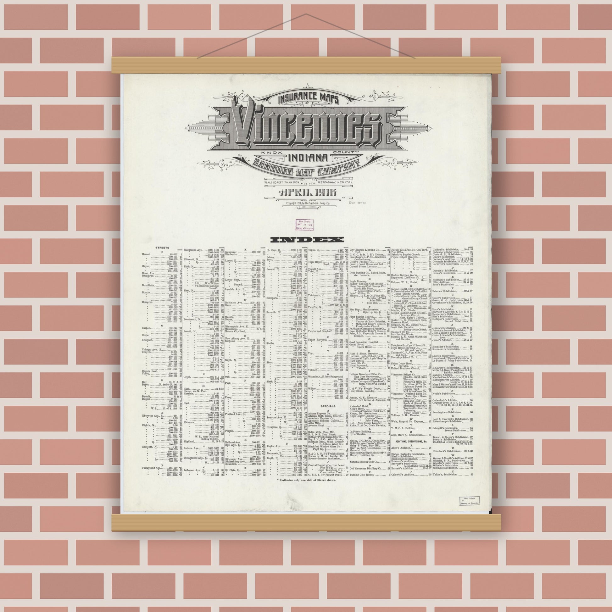 Old map wall art mockup — magnetic wood frame on brick wall — Sanborn Fire Insurance Map from Vincennes, Knox County, Indiana (1916), Sheet #0001