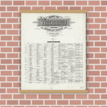 Old map wall art mockup — magnetic wood frame on brick wall — Sanborn Fire Insurance Map from Vincennes, Knox County, Indiana (1916), Sheet #0001