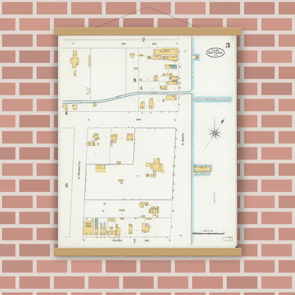 Old map wall art mockup — magnetic wood frame on brick wall — Sanborn Fire Insurance Map from Daytona, Volusia County, Florida (1906), Sheet #0003