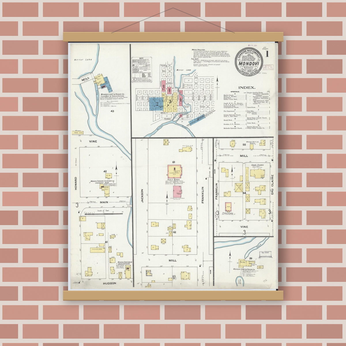 Old map wall art mockup — magnetic wood frame on brick wall — Sanborn Fire Insurance Map from Mondovi, Buffalo County, Wisconsin (1909) - Complete Map Set
