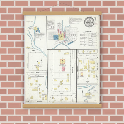 Old map wall art mockup — magnetic wood frame on brick wall — Sanborn Fire Insurance Map from Mondovi, Buffalo County, Wisconsin (1909) - Complete Map Set