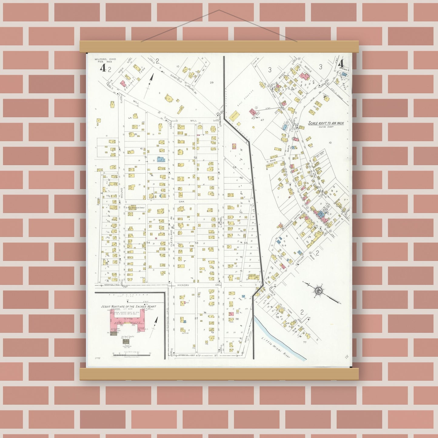 Old map wall art mockup — magnetic wood frame on brick wall — Sanborn Fire Insurance Map from Milford, Clermont And Hamilton County, Ohio (1933), Sheet #0004