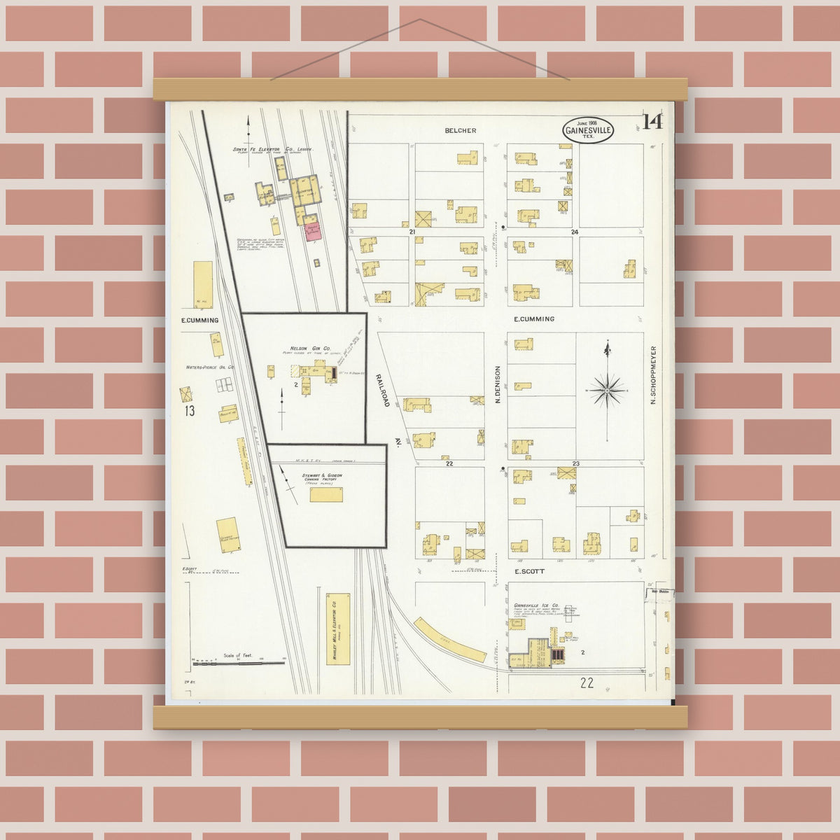 Old map wall art mockup — magnetic wood frame on brick wall — Sanborn Fire Insurance Map from Gainesville, Cooke County, Texas (1908), Sheet #0014