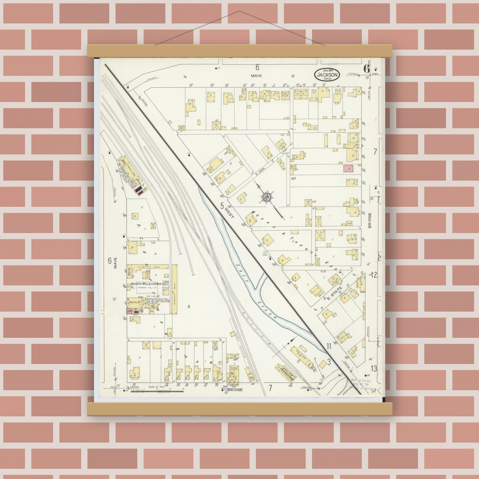 Old map wall art mockup — magnetic wood frame on brick wall — Sanborn Fire Insurance Map from Jackson, Jackson County, Ohio (1914), Sheet #0006