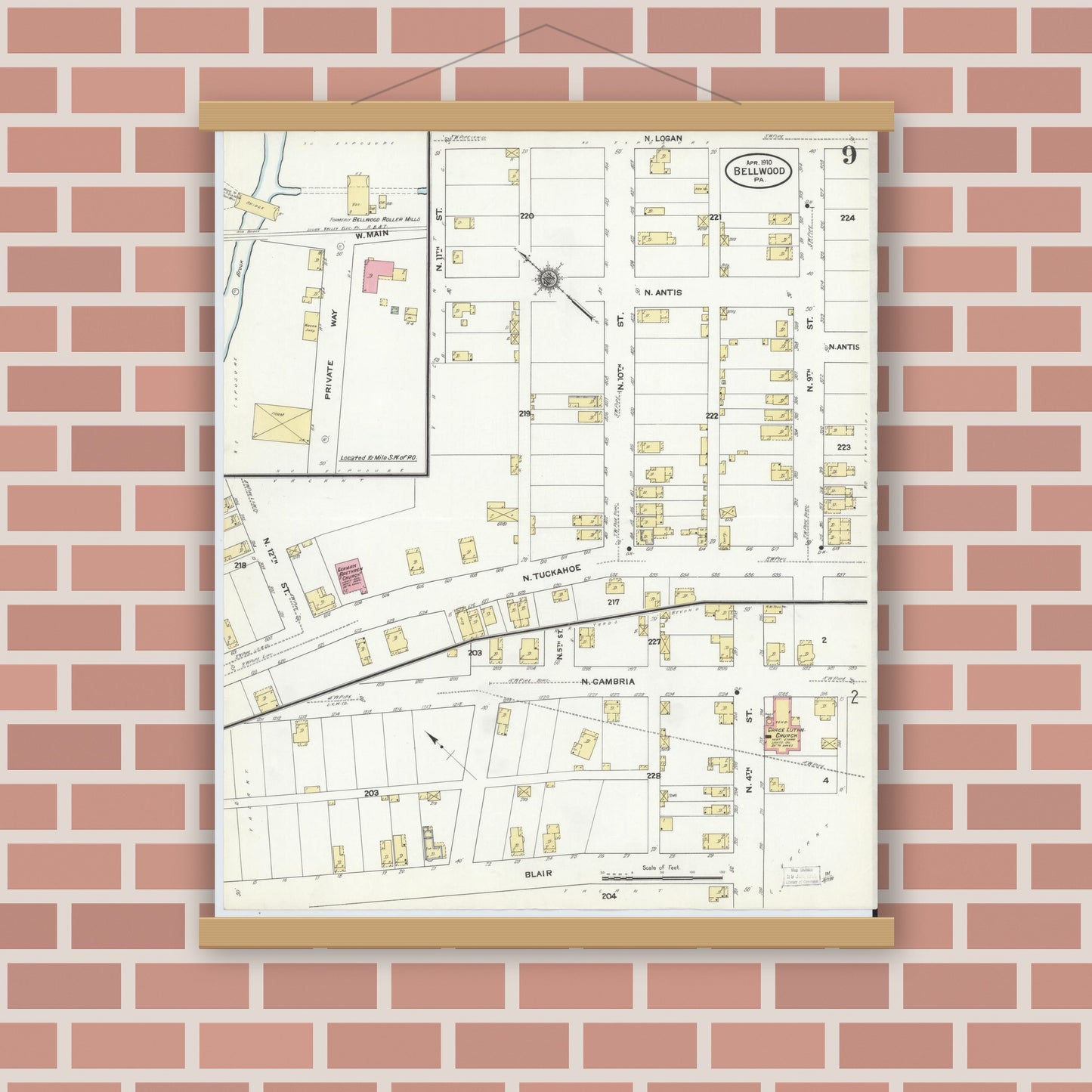 Old map wall art mockup — magnetic wood frame on brick wall — Sanborn Fire Insurance Map from Bellwood, Blair County, Pennsylvania (1910), Sheet #0009
