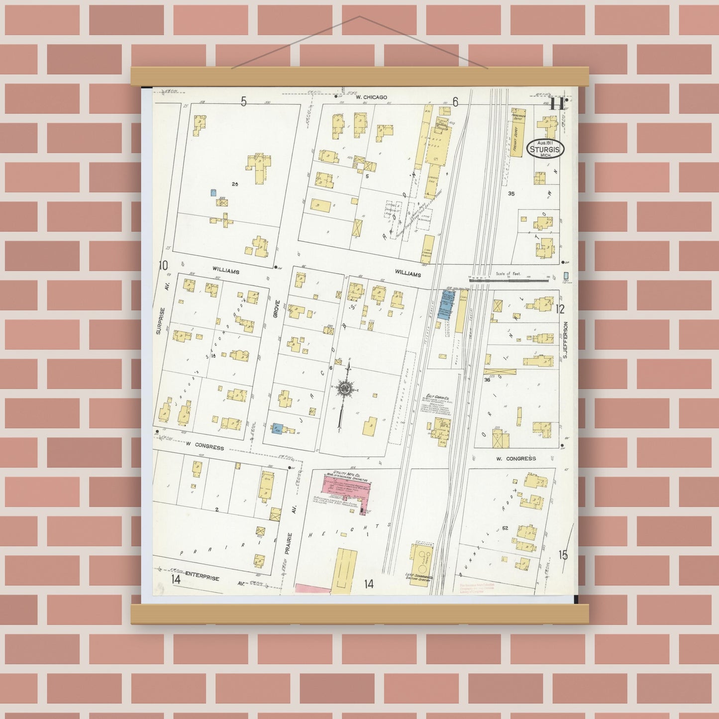 Old map wall art mockup — magnetic wood frame on brick wall — Sanborn Fire Insurance Map from Sturgis, Saint Joseph County, Michigan (1911), Sheet #0011
