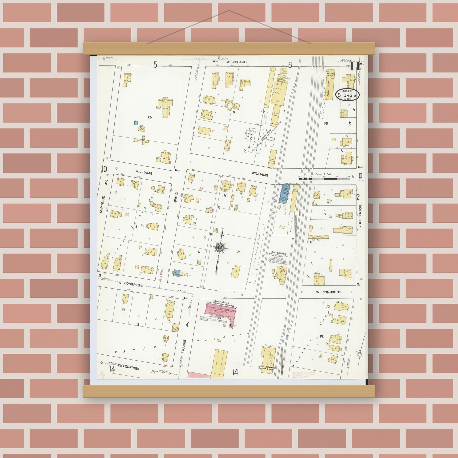 Old map wall art mockup — magnetic wood frame on brick wall — Sanborn Fire Insurance Map from Sturgis, Saint Joseph County, Michigan (1911), Sheet #0011