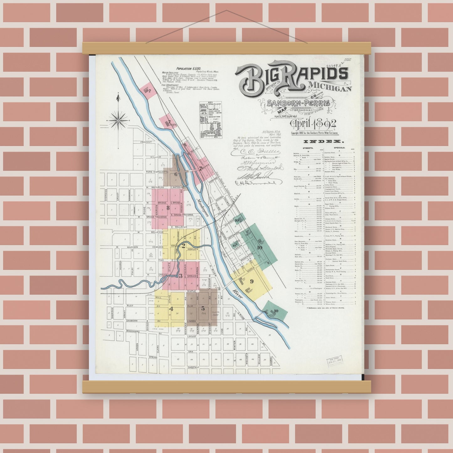 Old map wall art mockup — magnetic wood frame on brick wall — Sanborn Fire Insurance Map from Big Rapids, Mecosta County, Michigan (1892) - Complete Map Set