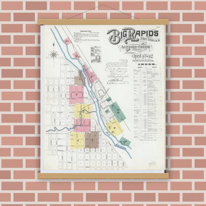 Old map wall art mockup — magnetic wood frame on brick wall — Sanborn Fire Insurance Map from Big Rapids, Mecosta County, Michigan (1892) - Complete Map Set