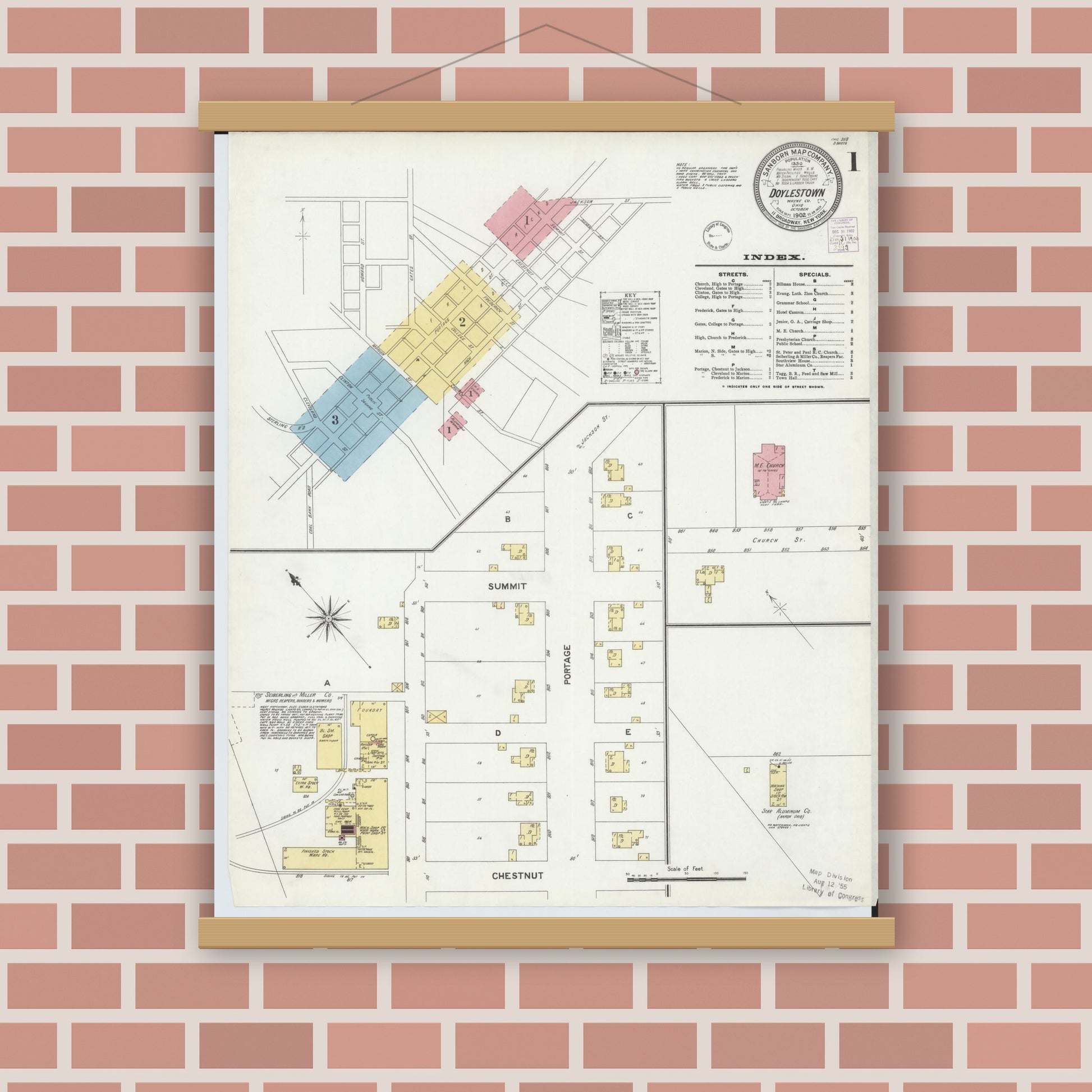 Old map wall art mockup — magnetic wood frame on brick wall — Sanborn Fire Insurance Map from Doylestown, Wayne County, Ohio (1902), Sheet #0001
