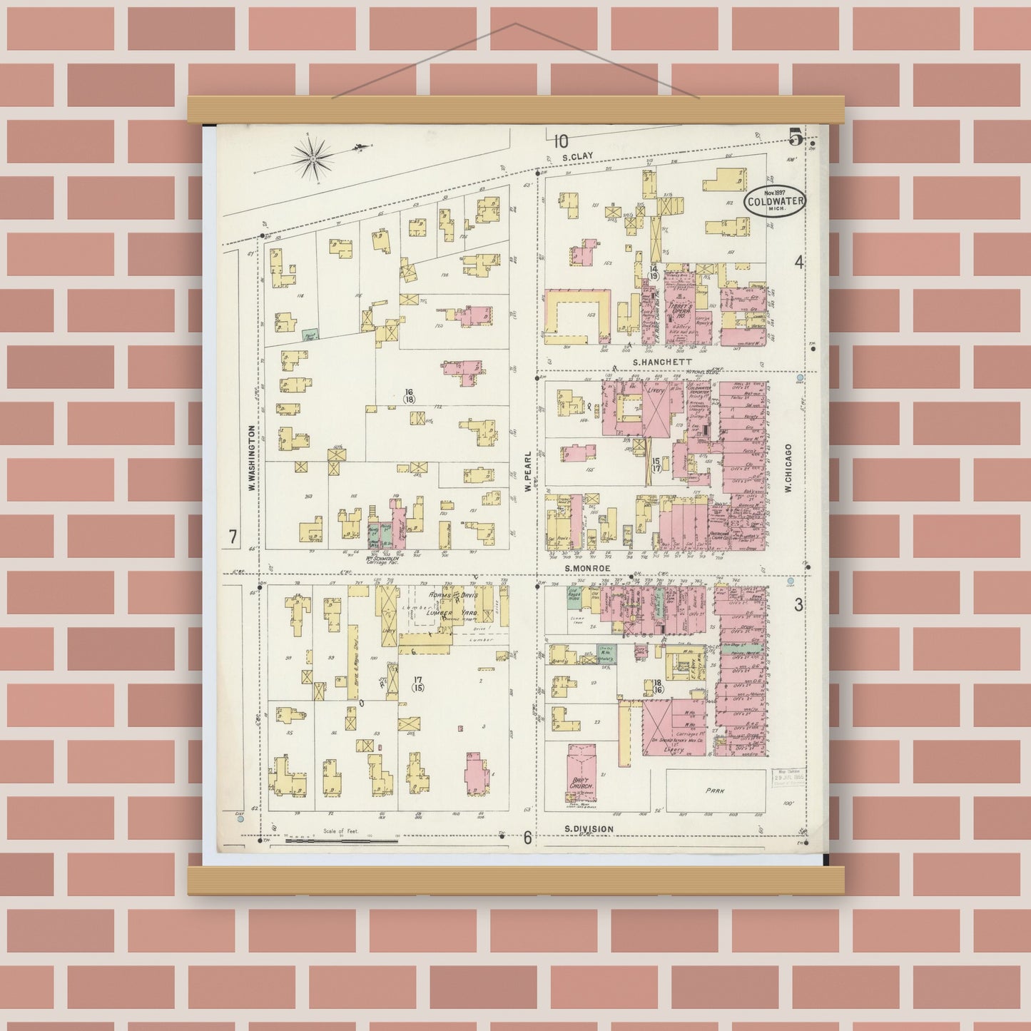 Old map wall art mockup — magnetic wood frame on brick wall — Sanborn Fire Insurance Map from Coldwater, Branch County, Michigan (1897), Sheet #0005