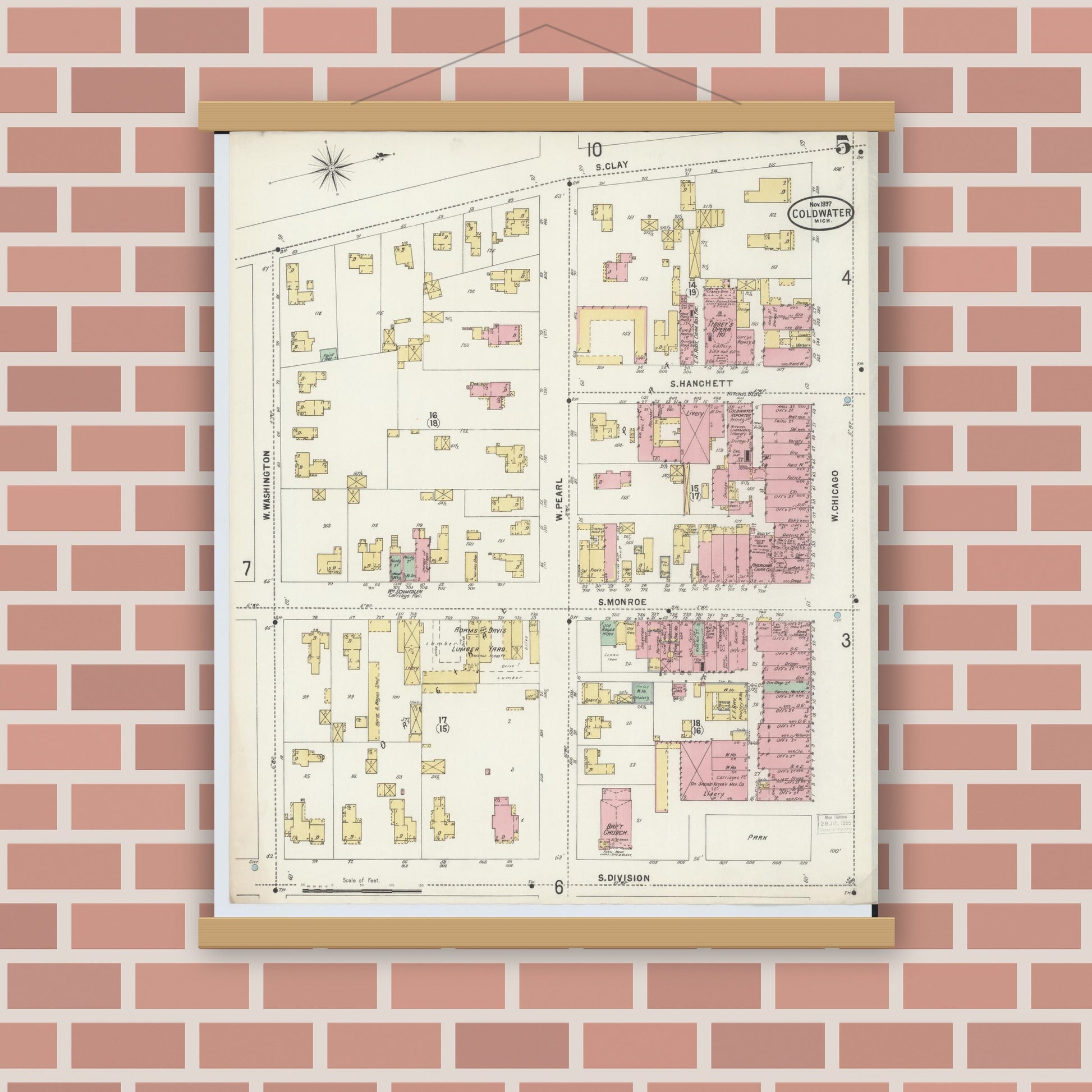 Old map wall art mockup — magnetic wood frame on brick wall — Sanborn Fire Insurance Map from Coldwater, Branch County, Michigan (1897), Sheet #0005