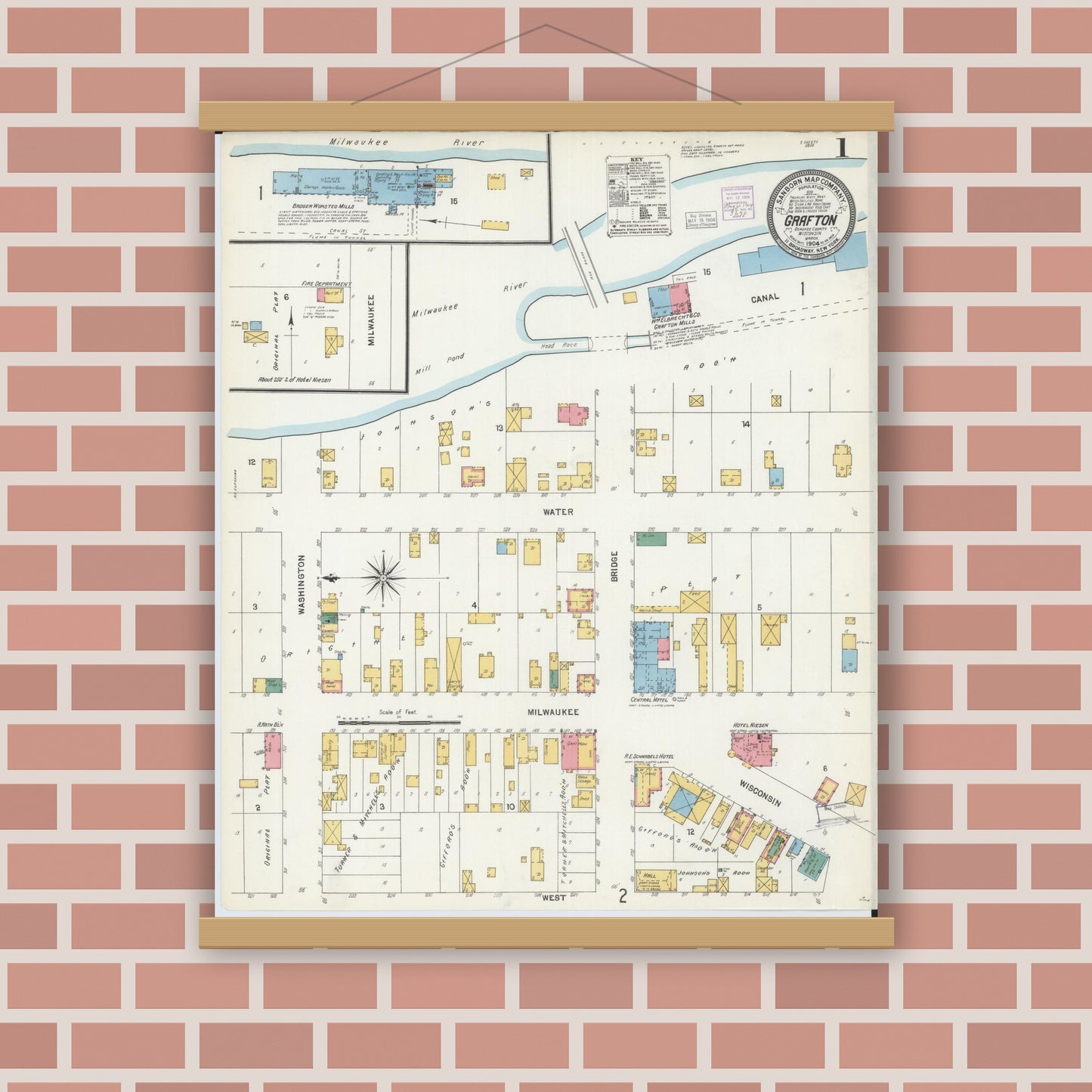 Old map wall art mockup — magnetic wood frame on brick wall — Sanborn Fire Insurance Map from Grafton, Ozankee County, Wisconsin (1904) - Complete Map Set