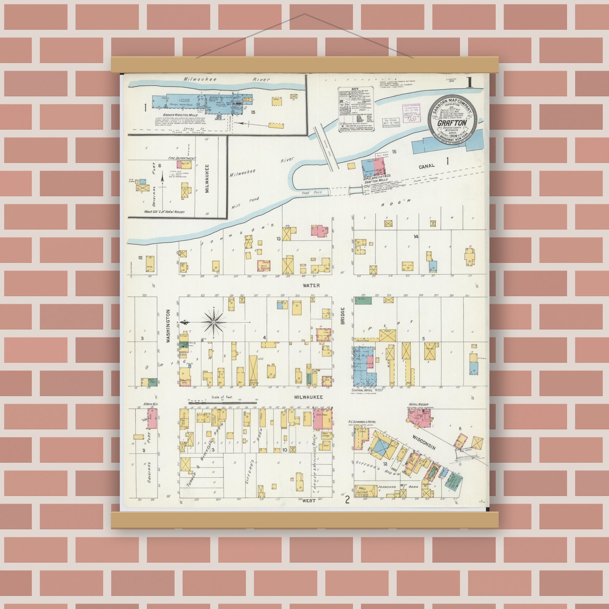 Old map wall art mockup — magnetic wood frame on brick wall — Sanborn Fire Insurance Map from Grafton, Ozankee County, Wisconsin (1904) - Complete Map Set