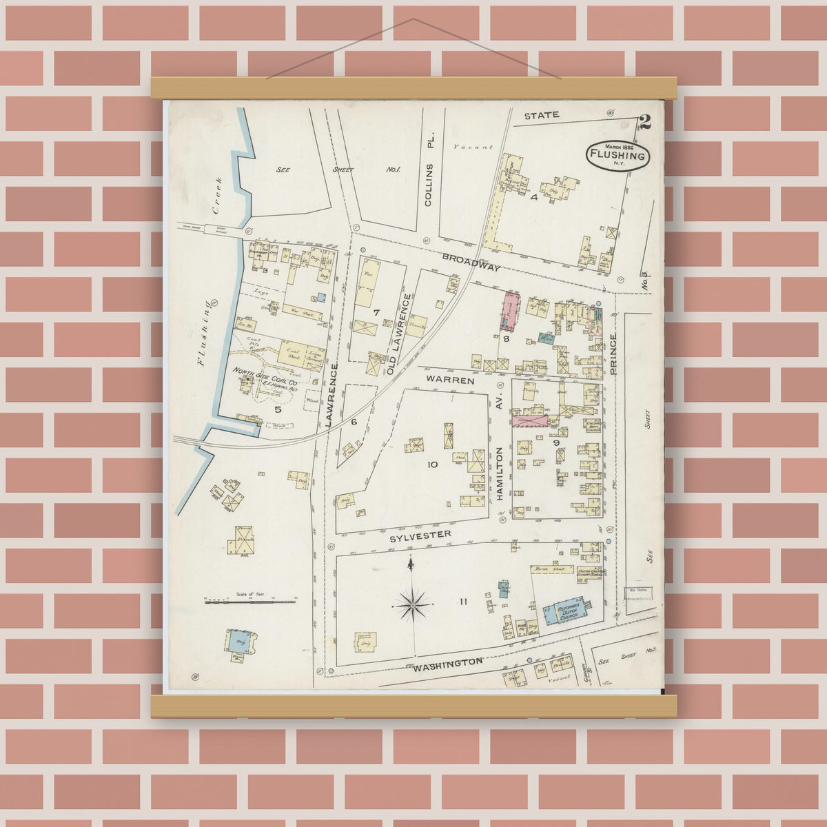 Old map wall art mockup — magnetic wood frame on brick wall — Sanborn Fire Insurance Map from Flushing, Queens County, New York (1886), Sheet #0002