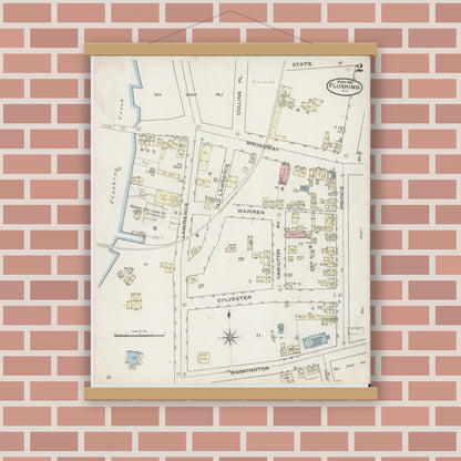 Old map wall art mockup — magnetic wood frame on brick wall — Sanborn Fire Insurance Map from Flushing, Queens County, New York (1886), Sheet #0002